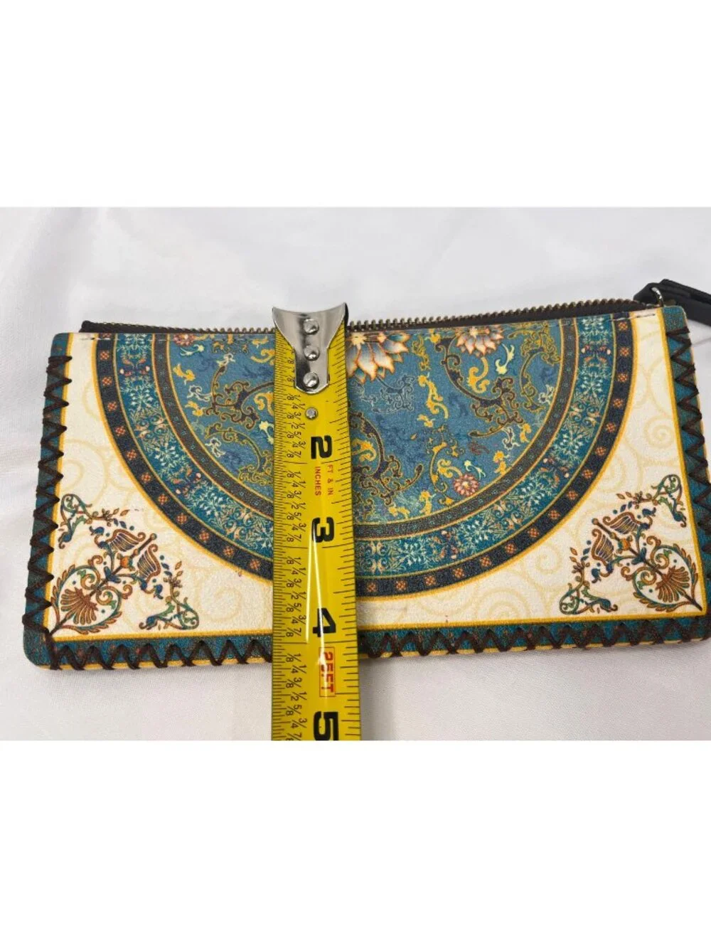 Boho Floral Medallion Wristlet Wallet Teal Cream Whipstitch Zip Organizer
